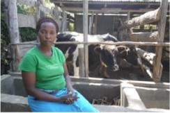 A woman smallholder farmer sits beside her cattle pen